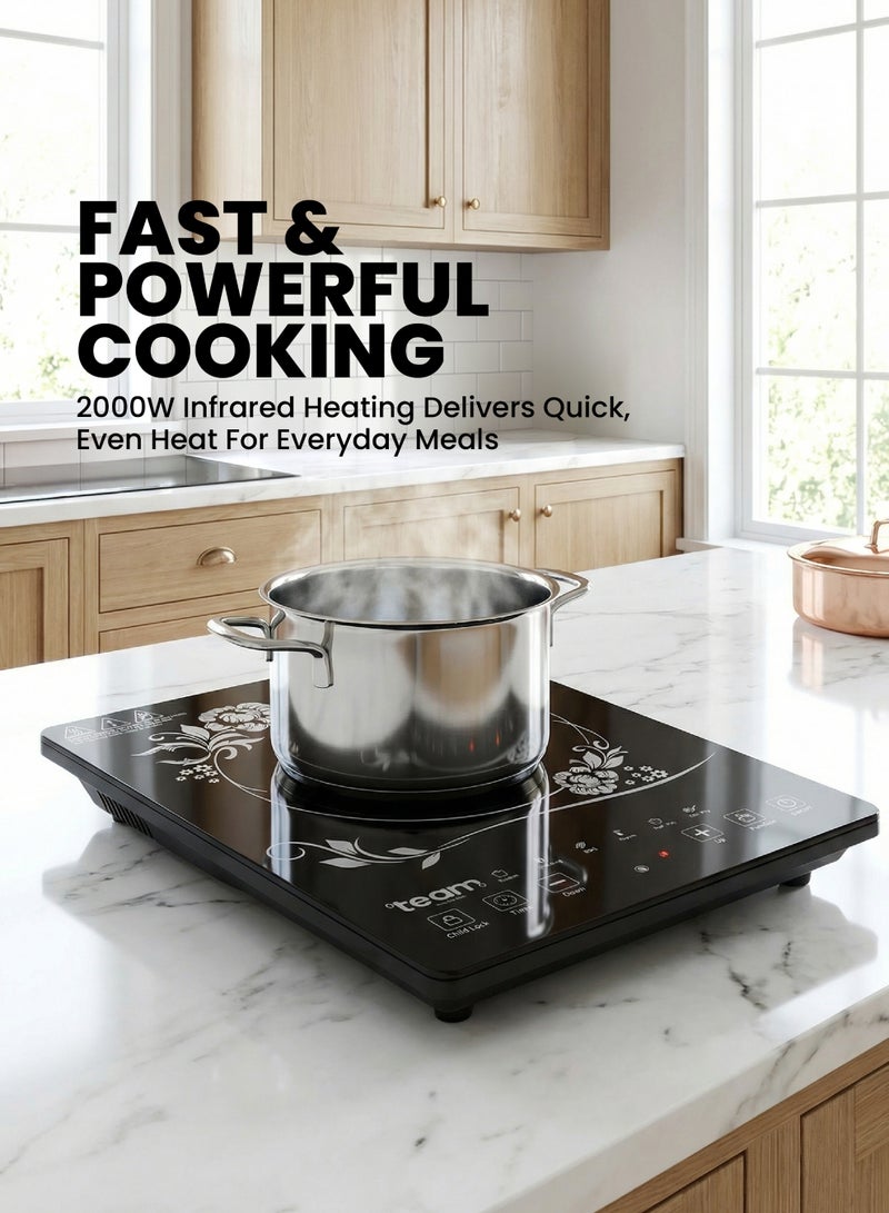 تيم Team Infrared Cooker 2000W Touch Control Electric Cooktop | Digital LED Display | 10 Power & Temperature Levels | Black Crystal Glass Plate | Portable Energy Efficient Infrared Stove - Image 2